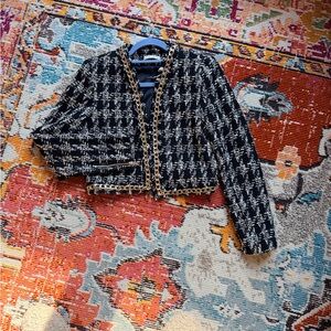 Alice + Olivia Black and White Tweed Blazer with Gold Accents